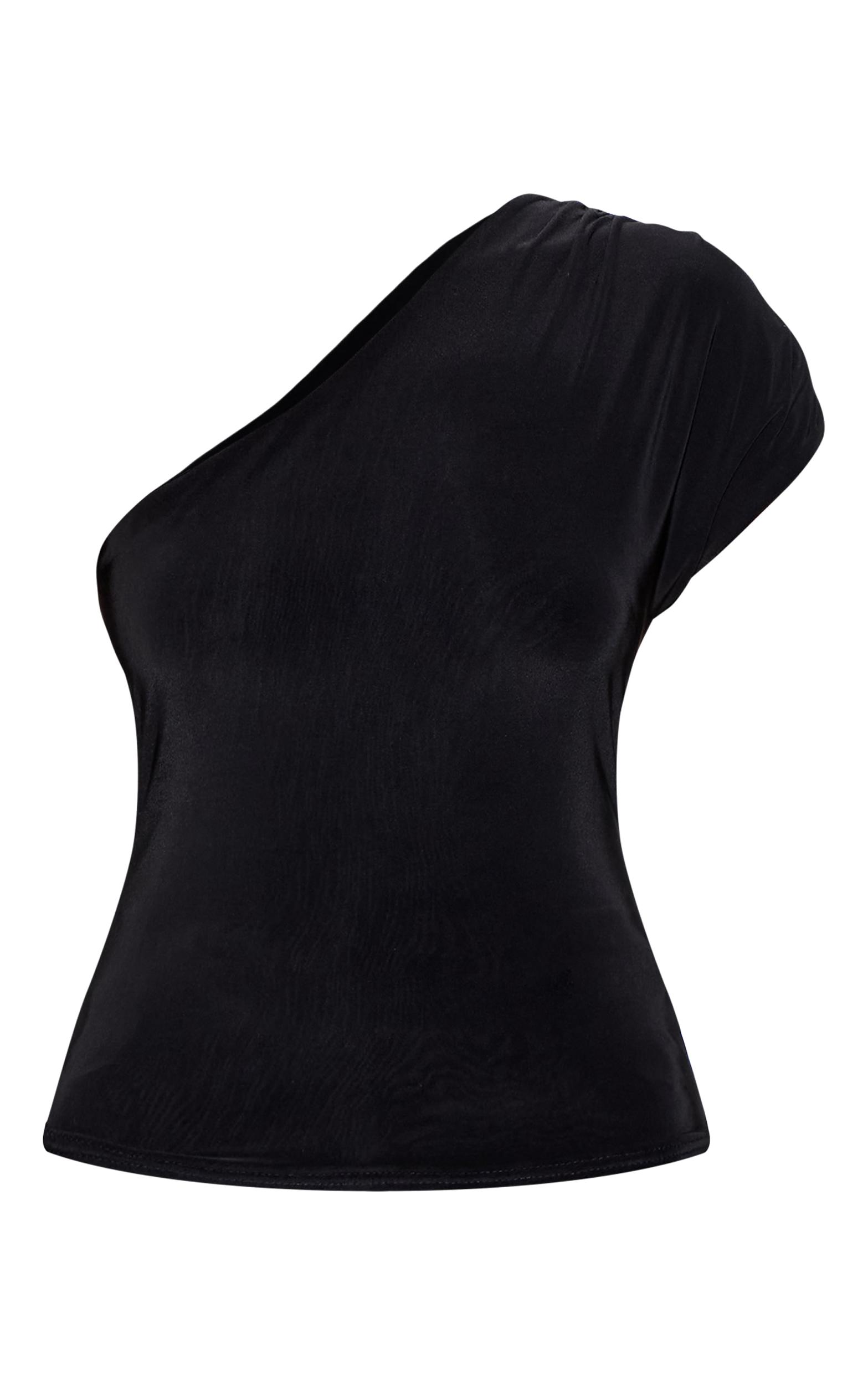 Black Slinky One Shoulder Detail Long Top Product Image