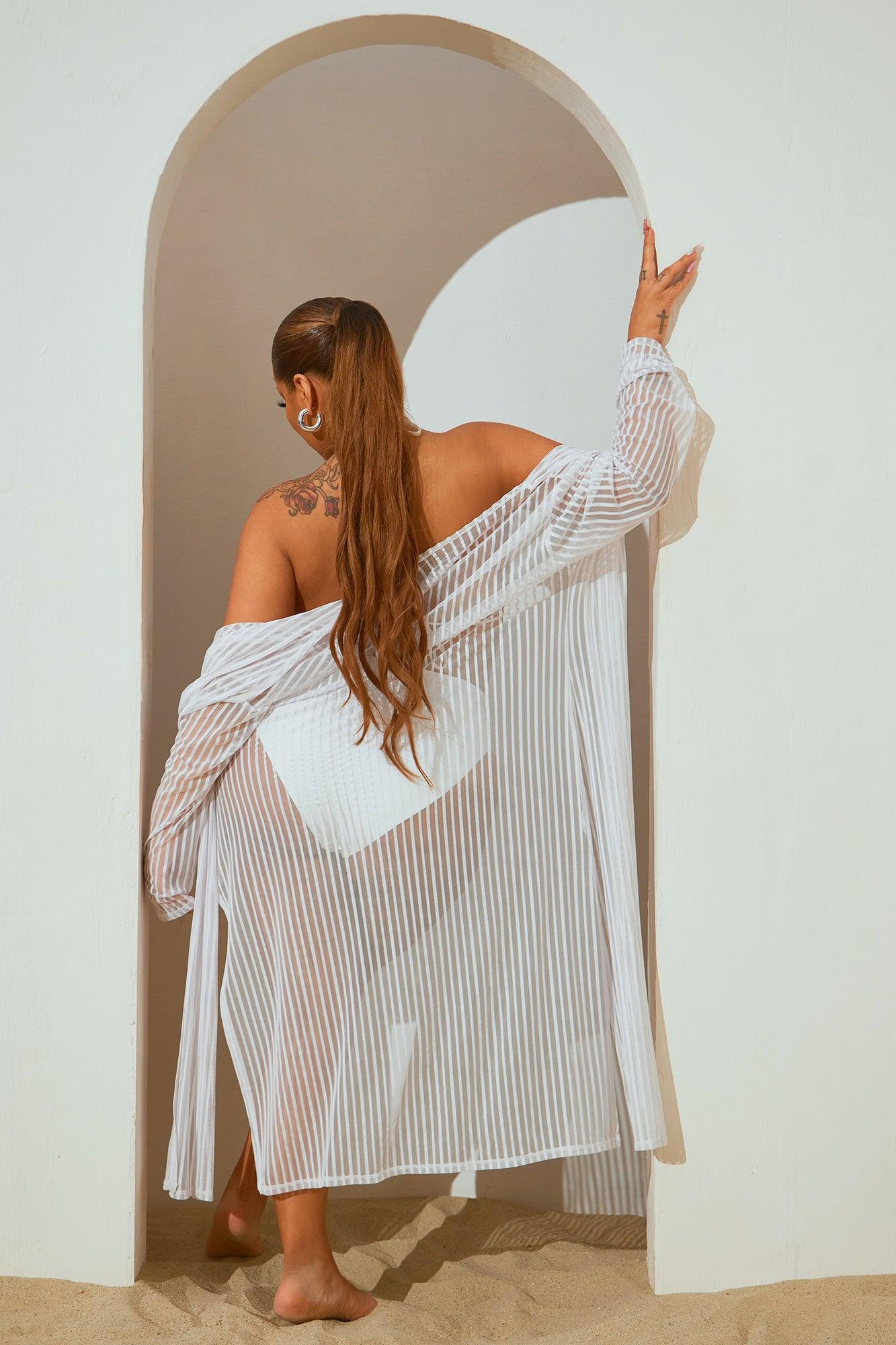 Beach Shade Stripe Cover Up Kimono - White Product Image