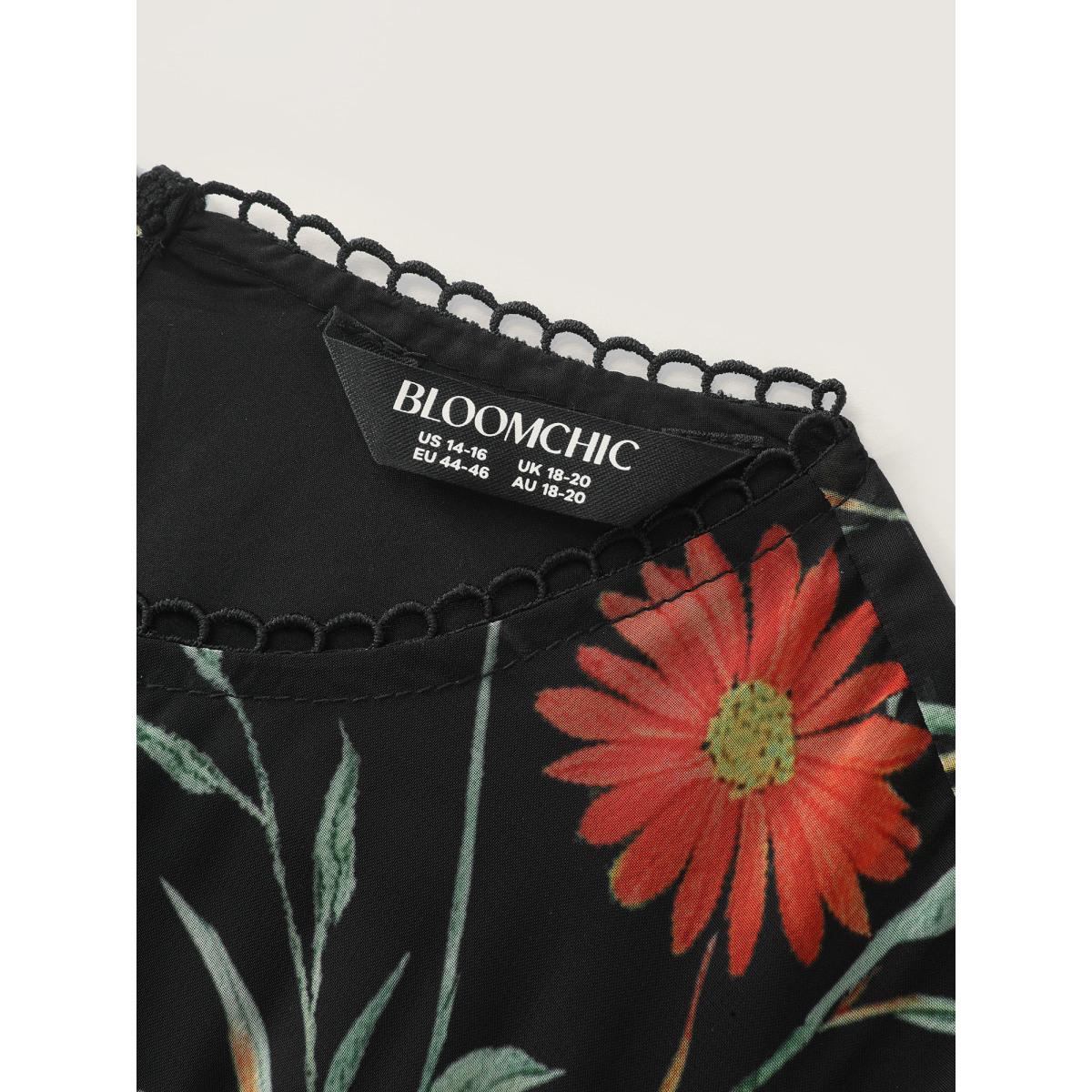 Plus Size Chiffon Multi-Color Shirred Maxi Dress Black Women Romantic Gathered Lace collar Extra Long Sleeve Curvy BloomChic 12/L Product Image