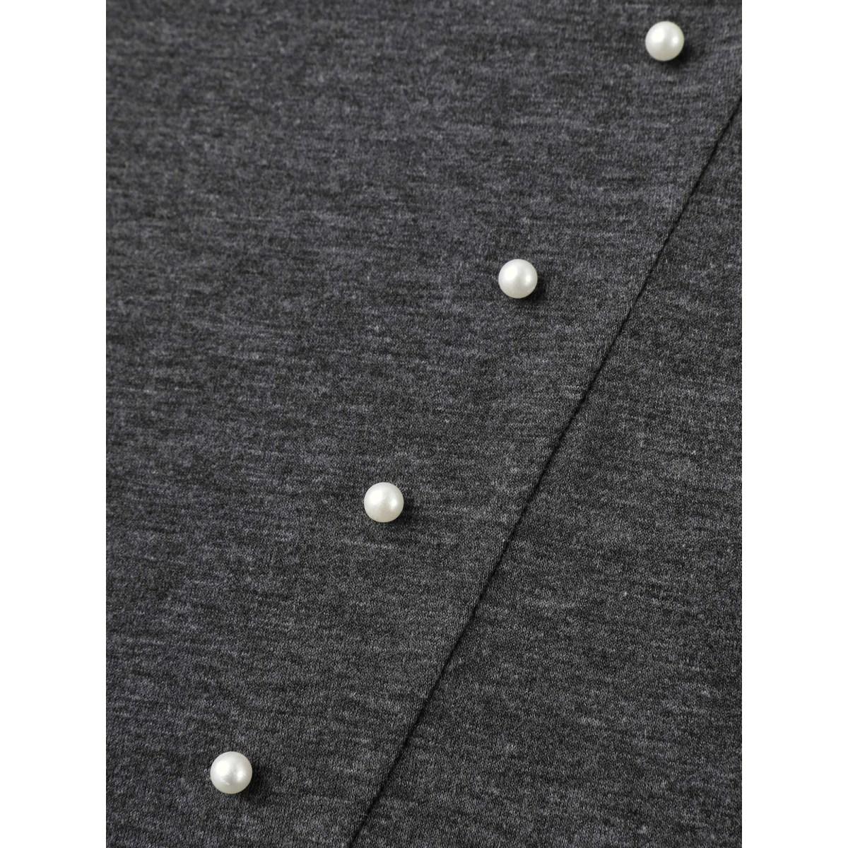 Plus Size Pearl Beaded Shoulder Plain T-Shirt DimGray Women Beaded Round Neck Loose Everyday-Casual T-shirts BloomChic 12/L Product Image