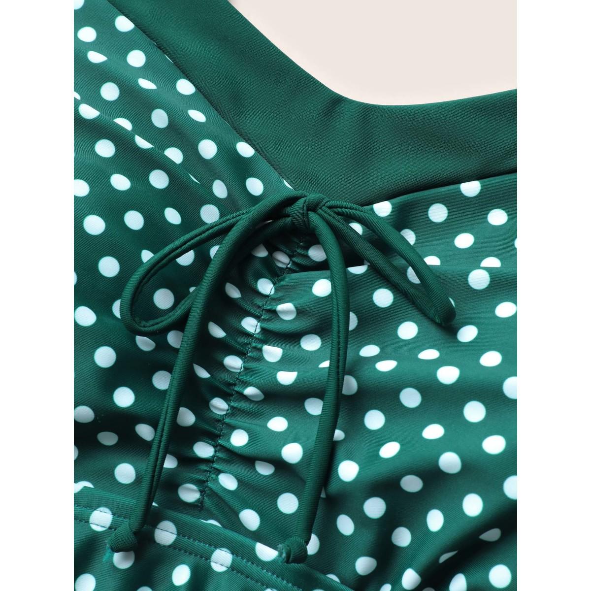 Plus Size Polka Dot Bowknot Detail Ruched Swim Dress Women's Swimwear DarkGreen Beach Bodycon Heart neckline High stretch Curve Swim Dresses BloomChic 10/M Product Image