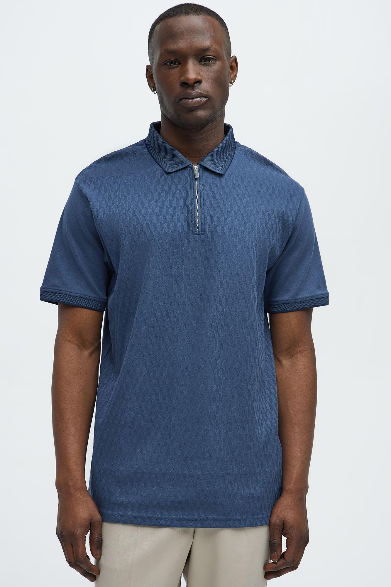 Textured Short Sleeve Quarter Zip Polo - Blue Product Image