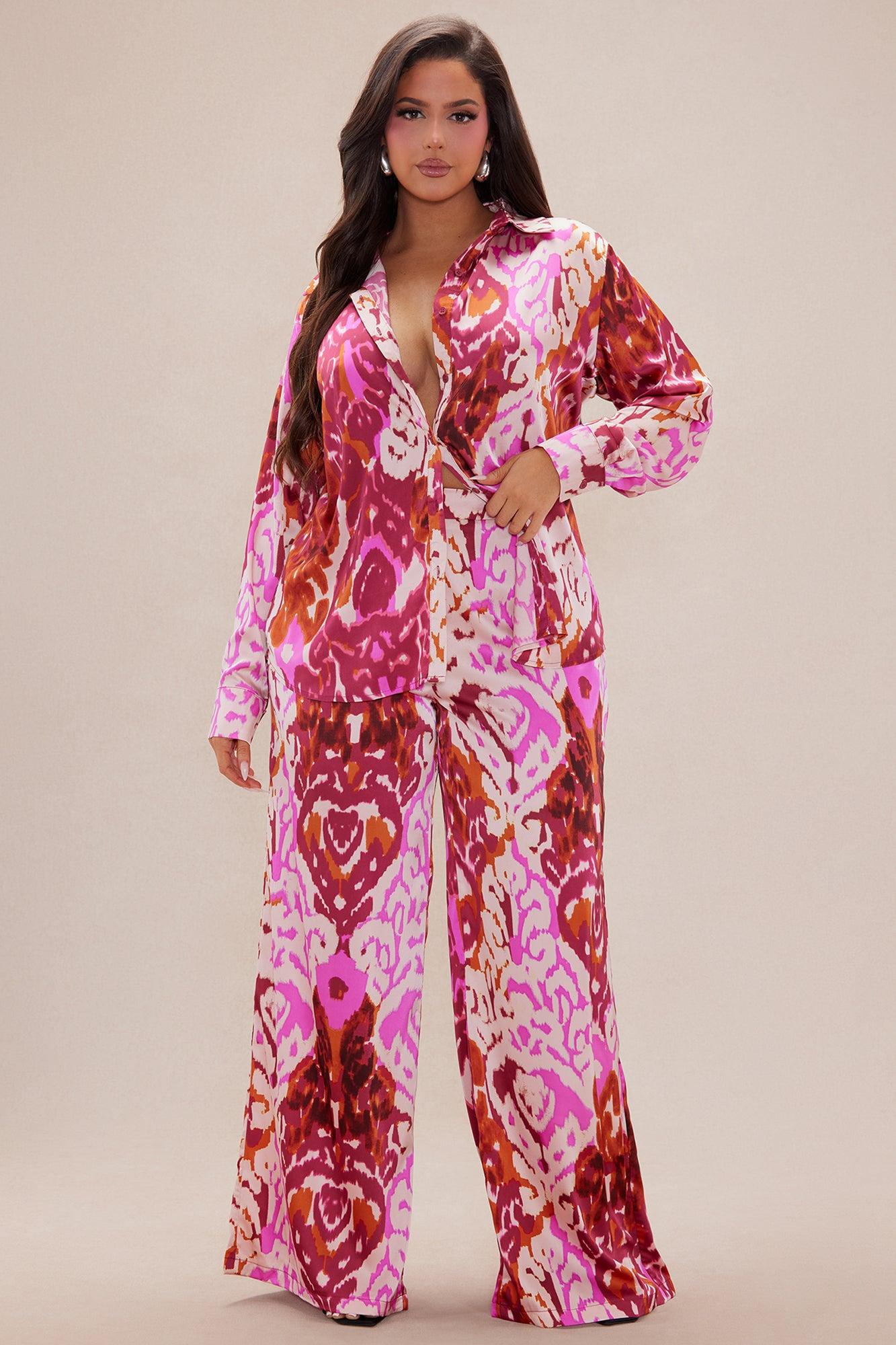 Kristine Satin Wide Leg Pant Set - Fuchsia/combo Product Image