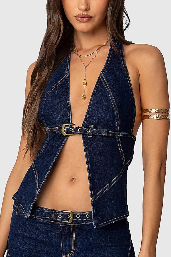Edikted Ciel Split Front Denim Halter Top Womens at Urban Outfitters Product Image