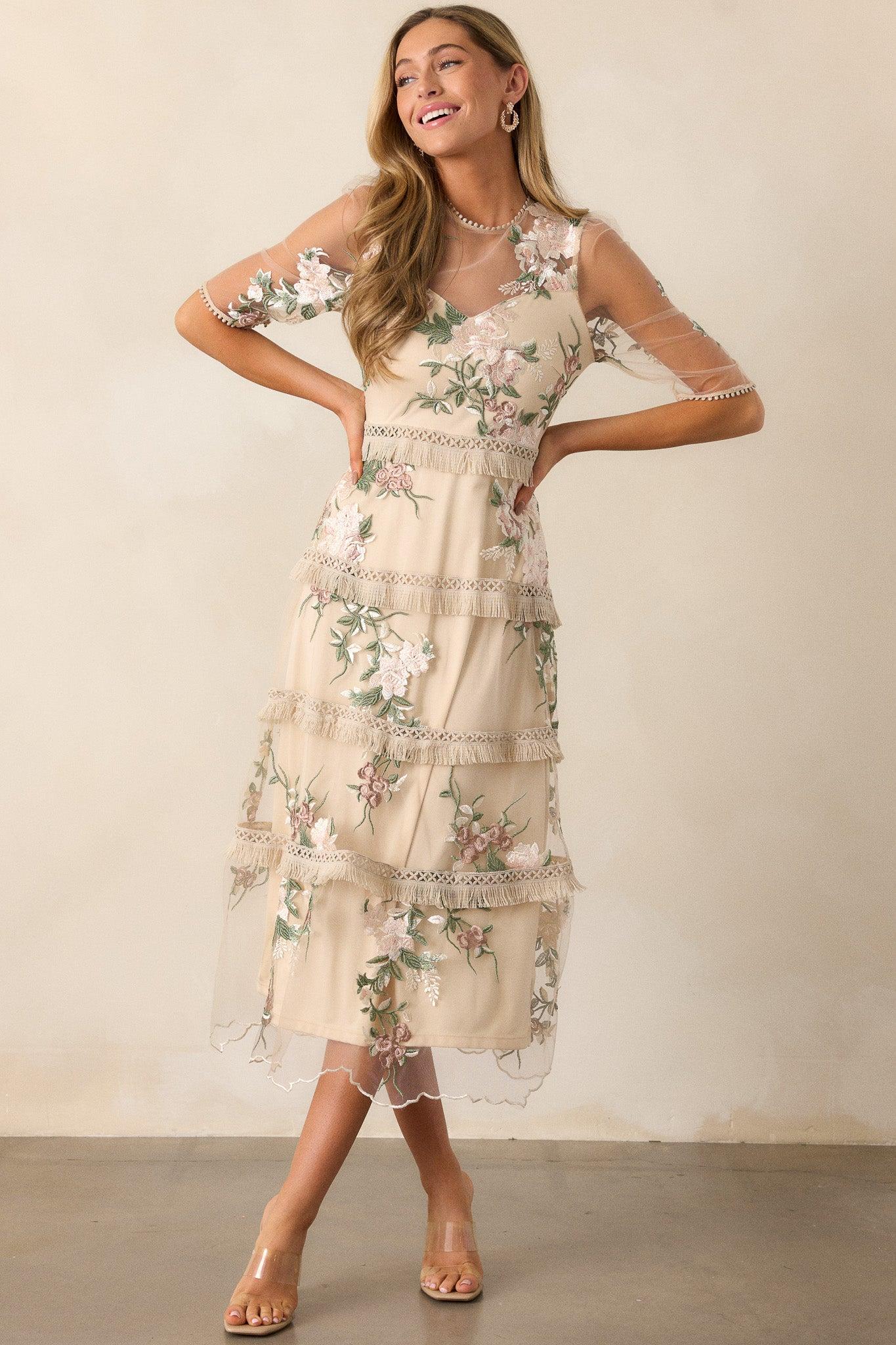 Honestly Love You Beige Floral Midi Dress Product Image