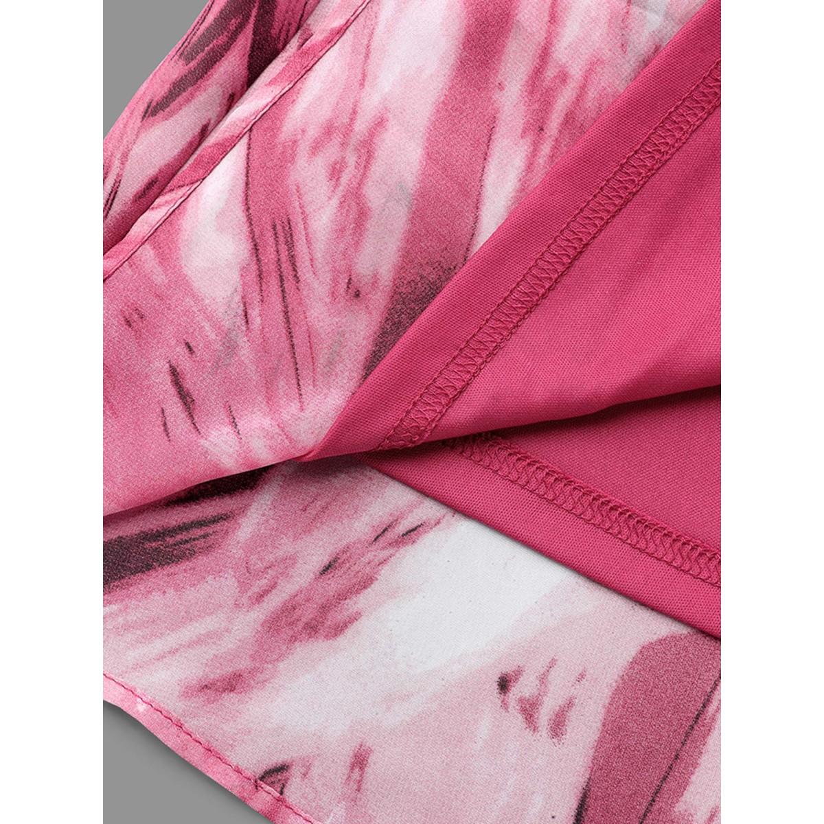 Plus Size Abstract Print Spliced V-Neck Midi Dress Rosered Women Elegant Patchwork V-neck Elbow-length sleeve Curvy BloomChic 26/4X Product Image