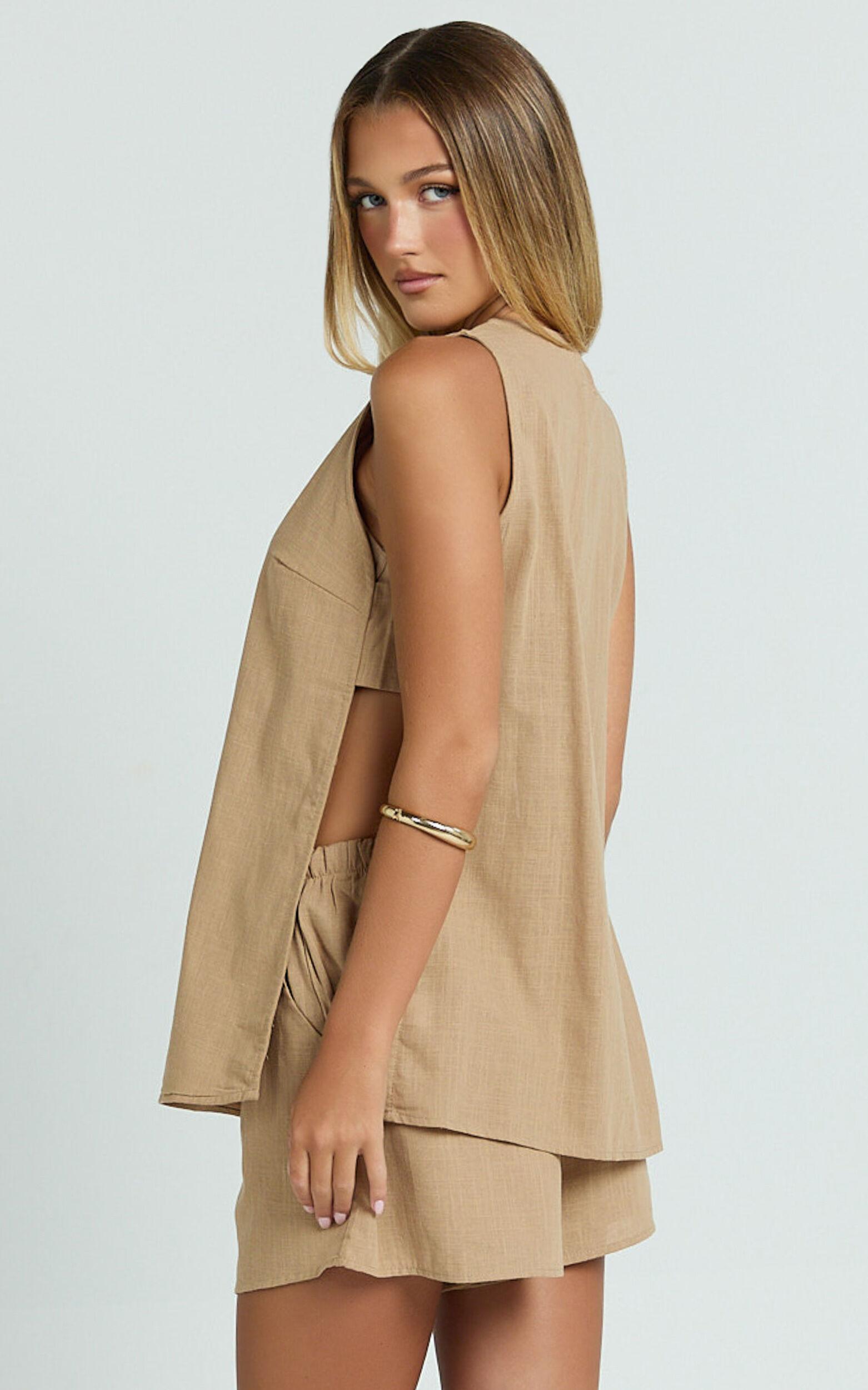 Devon Two Piece Set - Open Side Detail Top & Short Linen Set in Biscuit Product Image