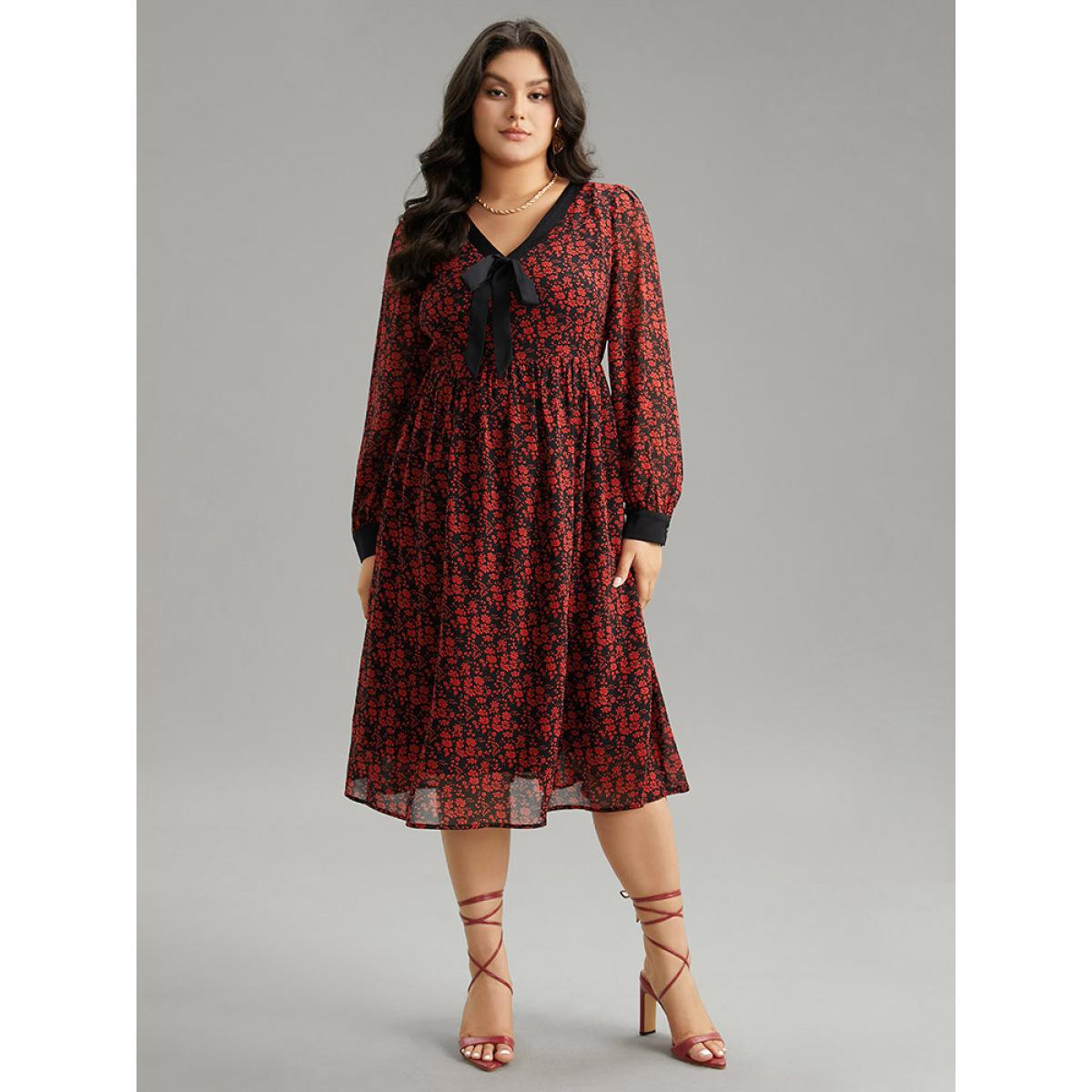 Plus Size Ditsy Floral Patchwork Elastic Waist Ties Dress Black Women Vacation Cross straps Tie Neck Long Sleeve Curvy Midi Dress BloomChic 28/5X Product Image