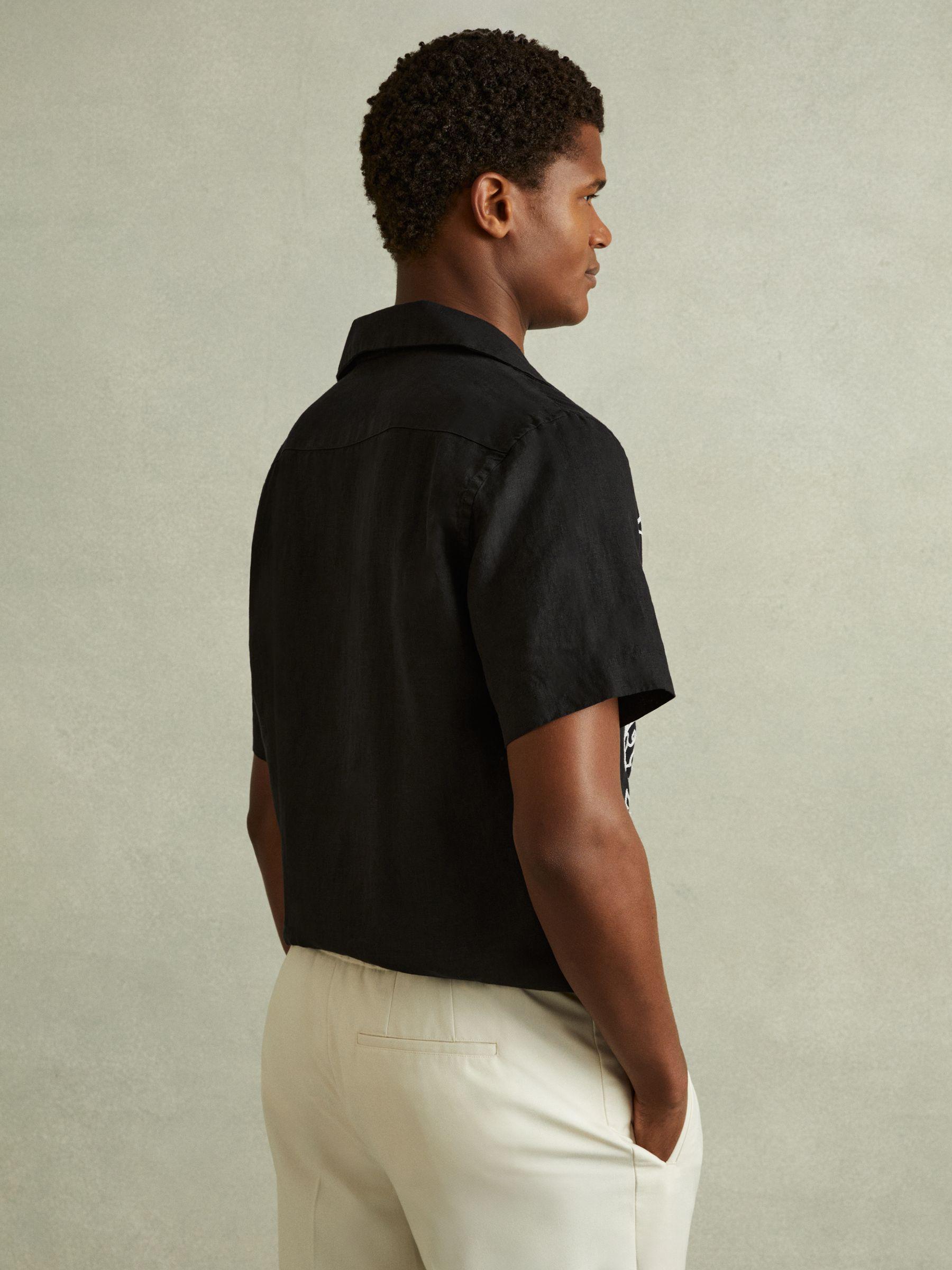 Linen Embroidered Cuban Collar Shirt in Black/White Product Image