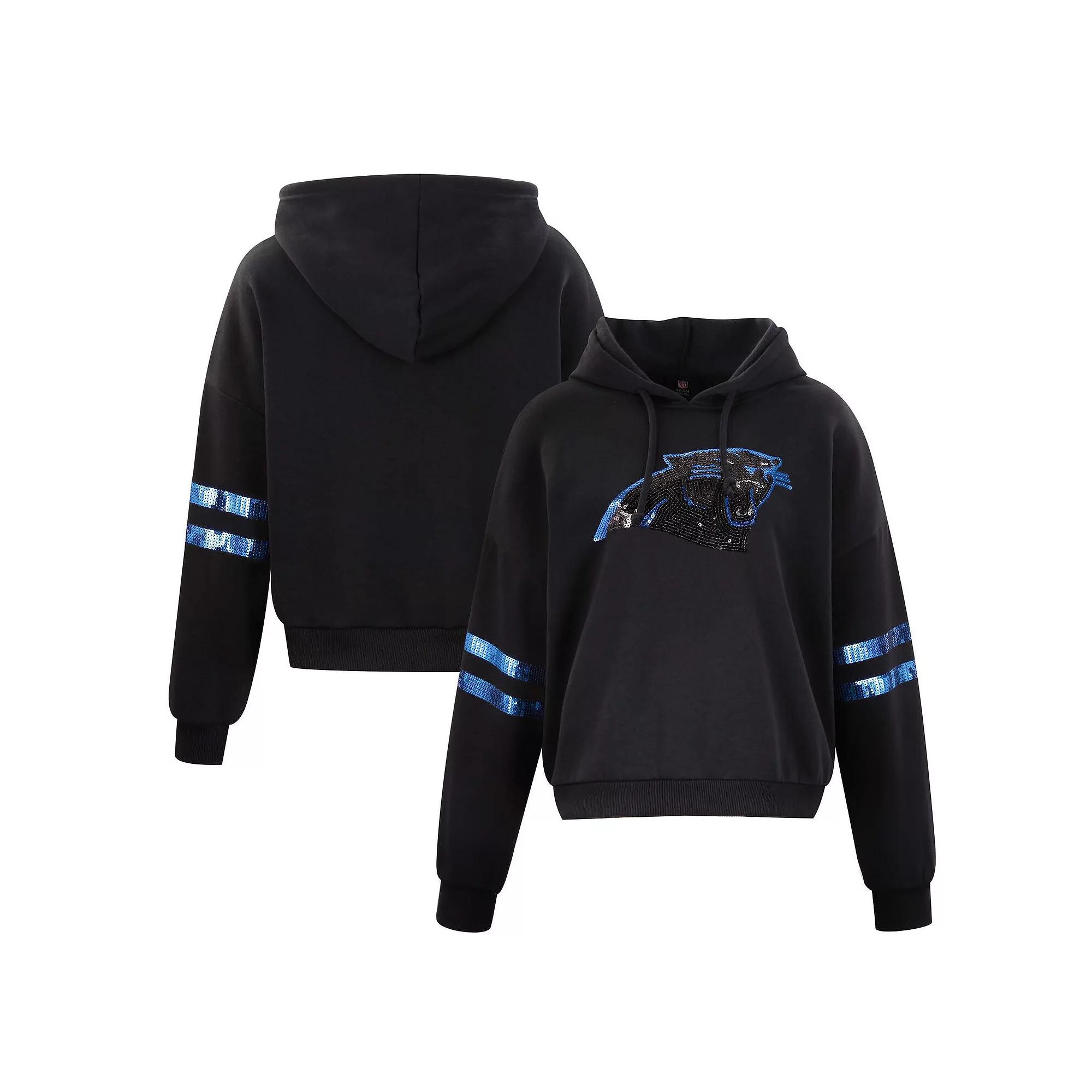 Women's Cuce Black Carolina Panthers Cropped Sequins Pullover Hoodie,  Product Image