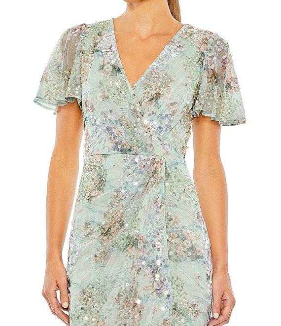 Mac Duggal Floral Sequin Short Butterfly Sleeve Faux Wrap Thigh High Slit Gown Product Image