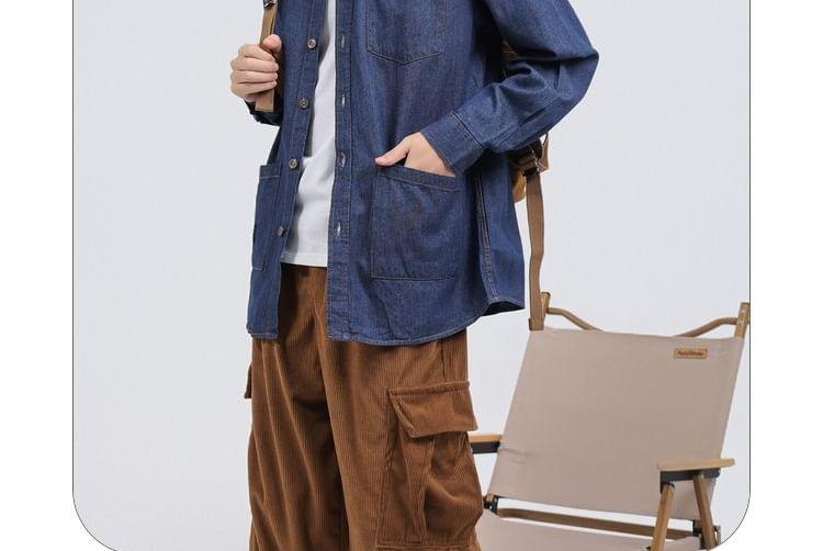 Long Sleeve Collared Washed Denim Shirt Product Image