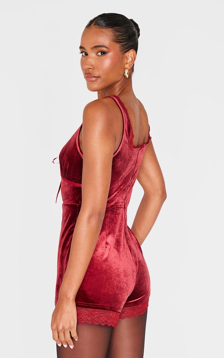  Burgundy Velvet Ribbon Trim Romper Product Image