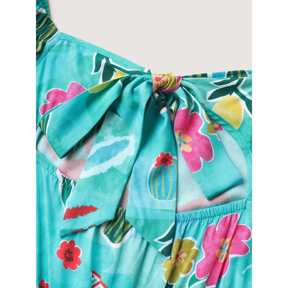 Plus Size Emerald Cactus Holiday Print Cut-Out Back Jumpsuit Women Cap Sleeve Square Neck Vacation Loose Jumpsuits BloomChic 10/M Product Image