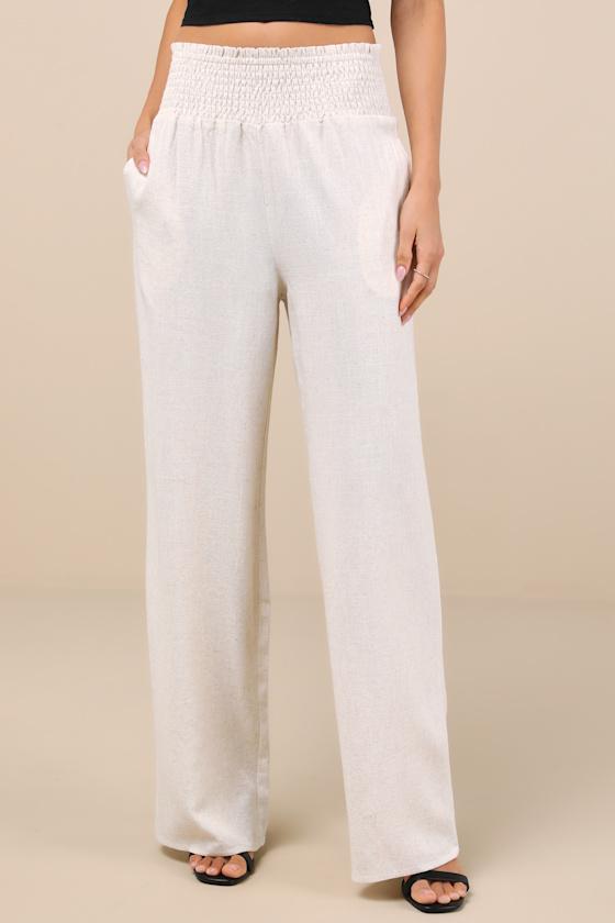 Hit the Breeze Beige Smocked Wide-Leg Pants Product Image