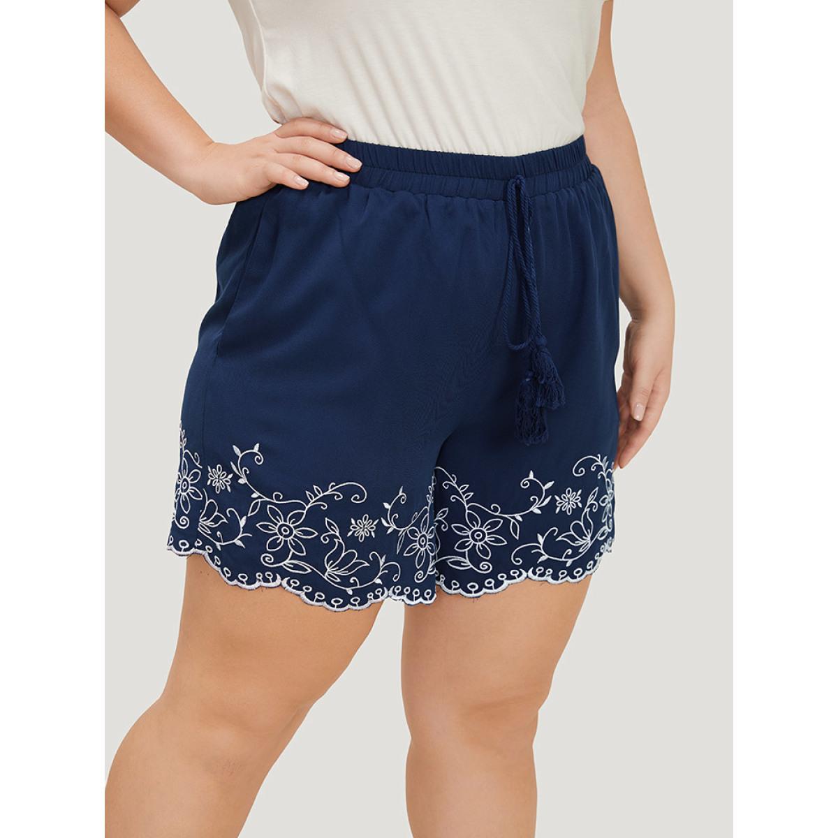 Plus Size Floral Embroidered Pocket Knotted Lettuce Trim Shorts Women Indigo Vacation Knotted Dailywear Shorts BloomChic 18-20/2X Product Image