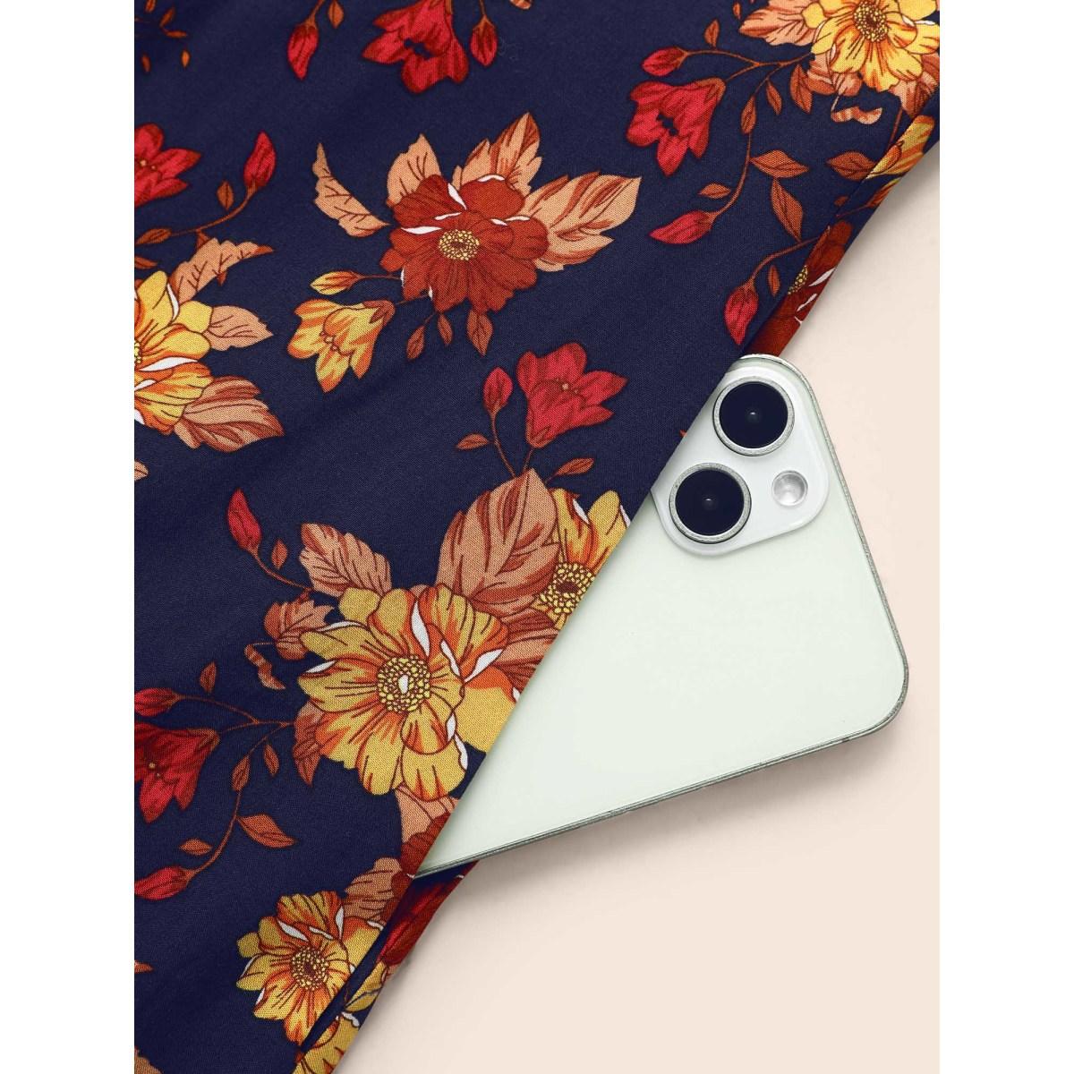 Plus Size Supersoft Essentials Floral Print Pocket V Neck Dress DarkBlue Women Resort Elastic cuffs V-neck Elbow-length sleeve Curvy Midi Dress BloomChic 12/L Product Image