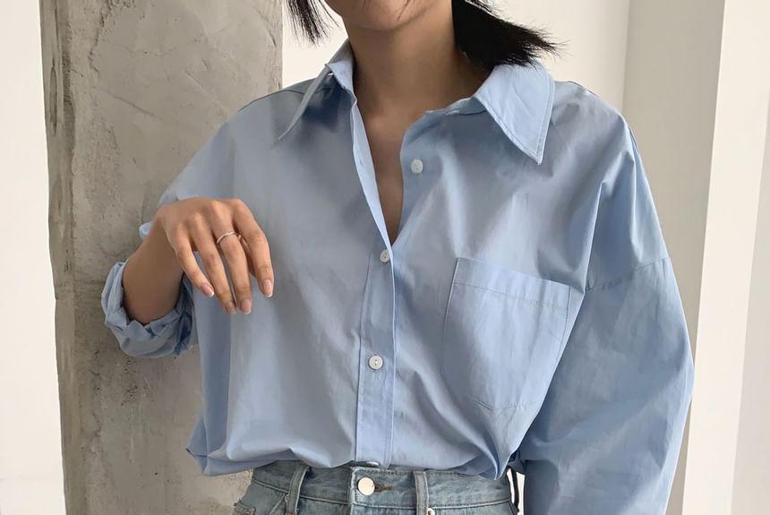 Long-Sleeve Plain Loose-Fit Shirt Product Image