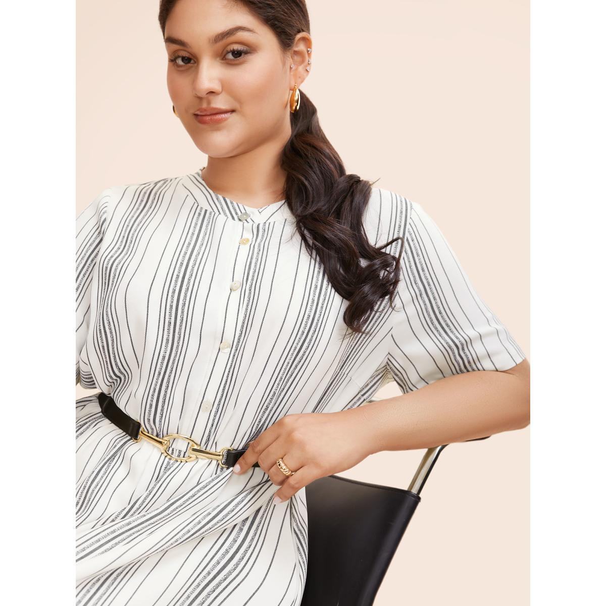 Plus Size Round Neck Striped Button Up Midi Dress WhiteSmoke Women At the Office Button Round Neck Short sleeve Curvy BloomChic 14-16/1X Product Image