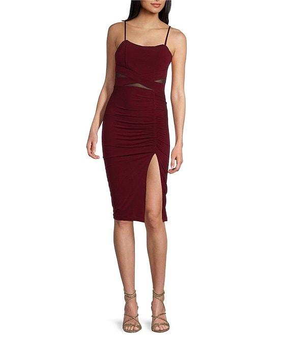 Illusion Mesh Waist Cut-Out Shirred Side Slit Dress Product Image