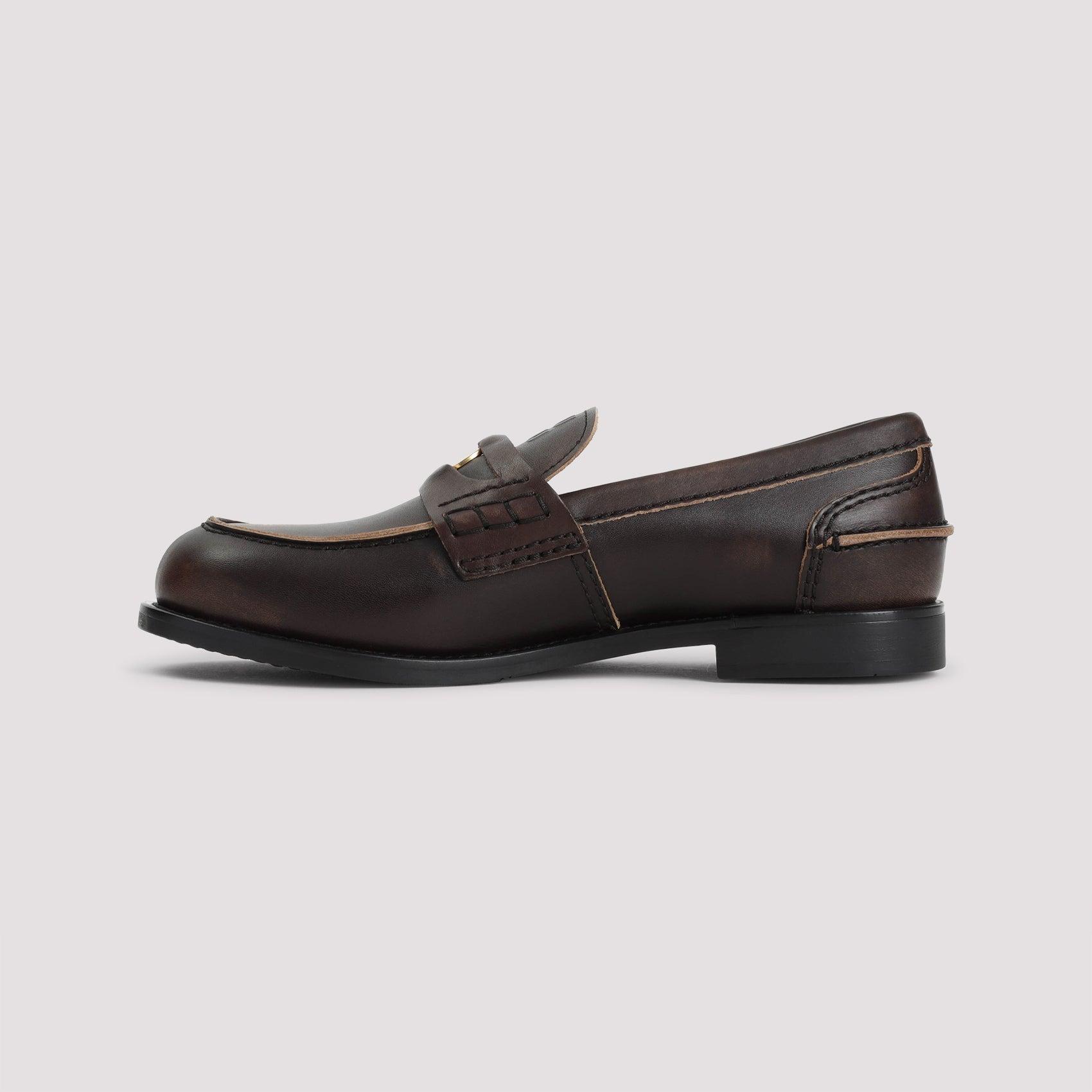MIU MIU Leather Distressed Penny Loafers In Brown Product Image