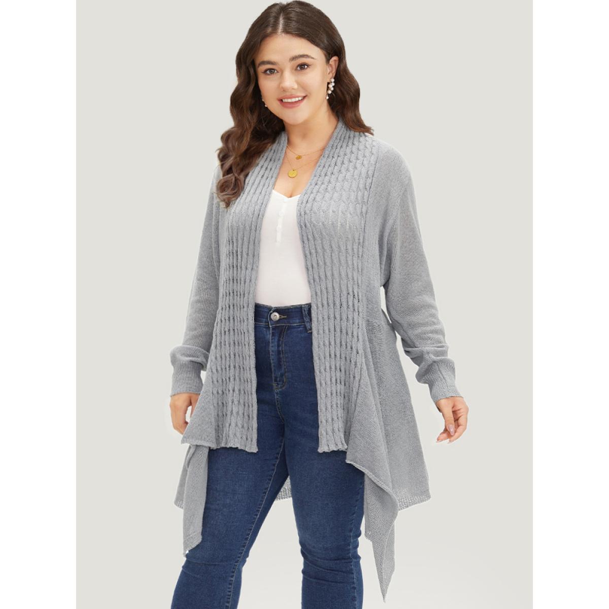 Plus Size Cable Knit Open Front Asymmetrical Hem Cardigan DarkGray Women Casual Loose Long Sleeve Dailywear Cardigans BloomChic 30/6X Product Image
