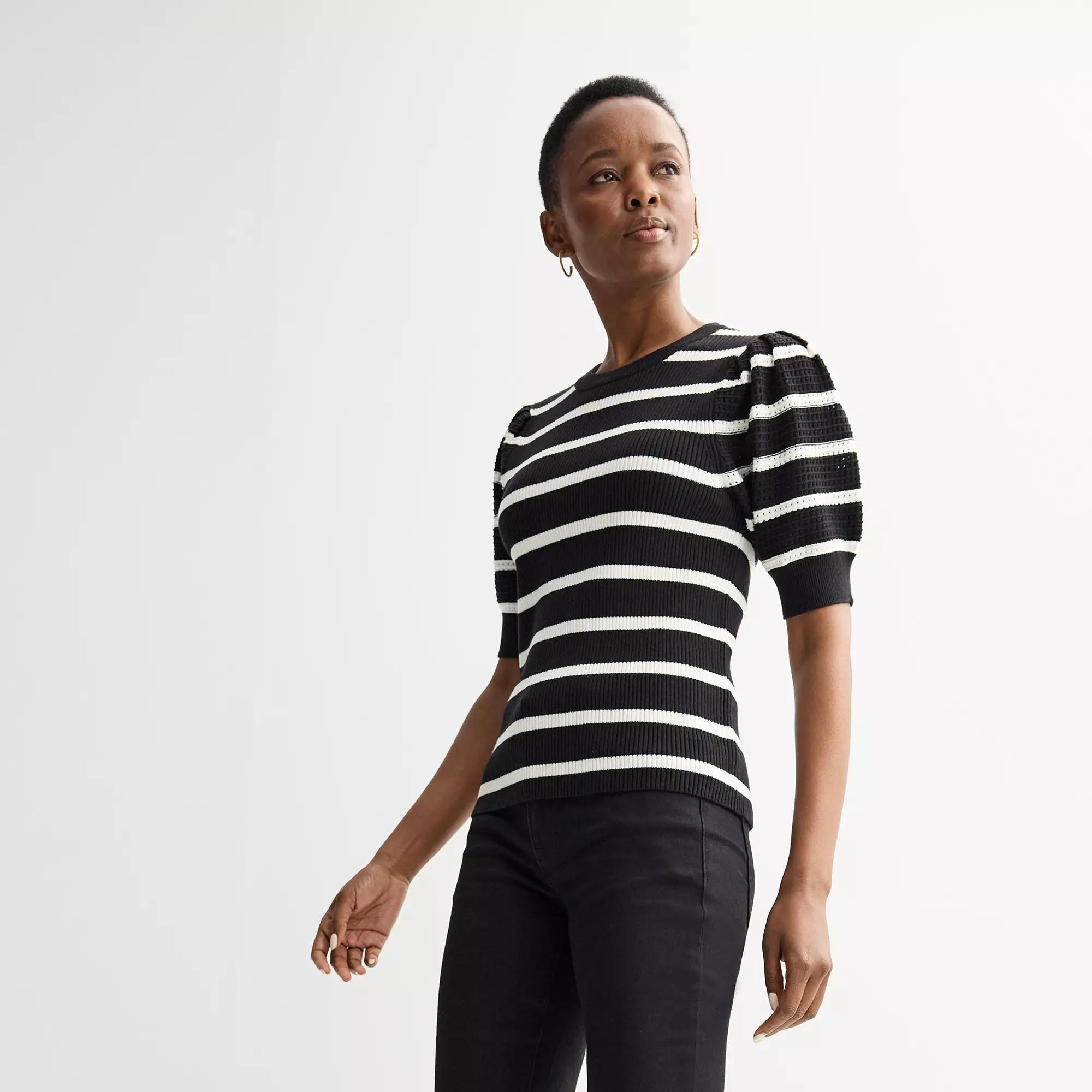 Petite Nine West Ribbed Crewneck Short Sleeve Sweater, Women's, Size: Small Petite, White Black Product Image