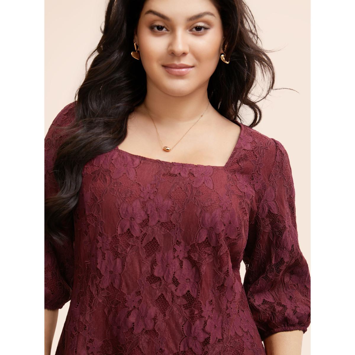Plus Size Burgundy Square Neck Lace Panel Lantern Sleeve Blouse Women Timeless Elbow-length sleeve Square Neck Elegant Blouses BloomChic 22-24/3X Product Image