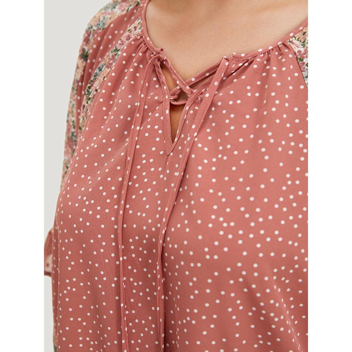 Plus Size Rouge Polka Dot & Ditsy Floral Flounce Sleeve Lace Up Blouse Women Elegant Half Sleeve Tie Neck Dailywear Blouses BloomChic 10/M Product Image