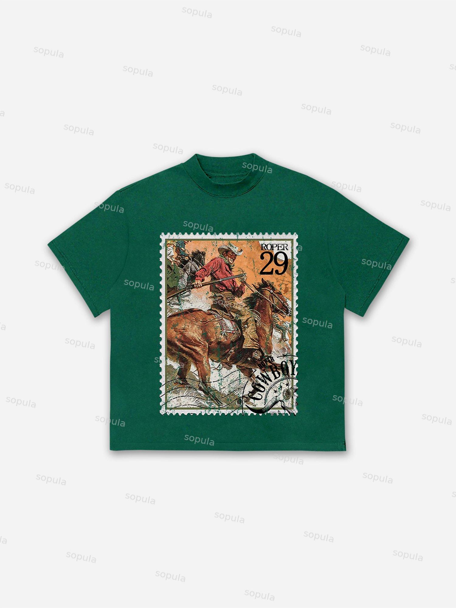 Rodeo Cowboy Stamp Print Cotton T-shirt Product Image