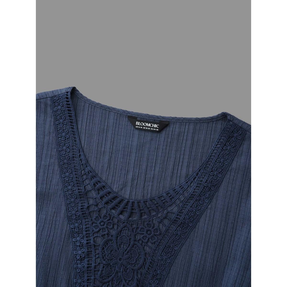 Plus Size Textured Lace Patchwork Waist-Cinched Midi Dress DarkBlue Women Casual Woven ribbon&lace trim V-neck Elbow-length sleeve Curvy BloomChic 22-24/3X Product Image