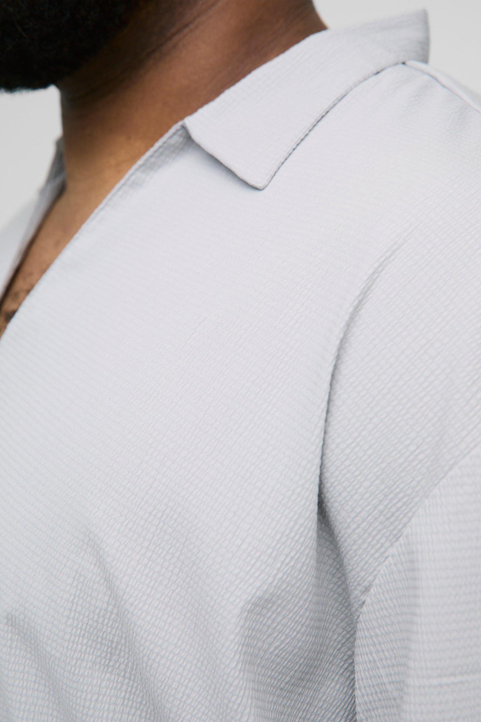 Plus Oversized Overhead V-Neck Stripe Seersucker Shirt & Short Set | boohooMAN USA Product Image