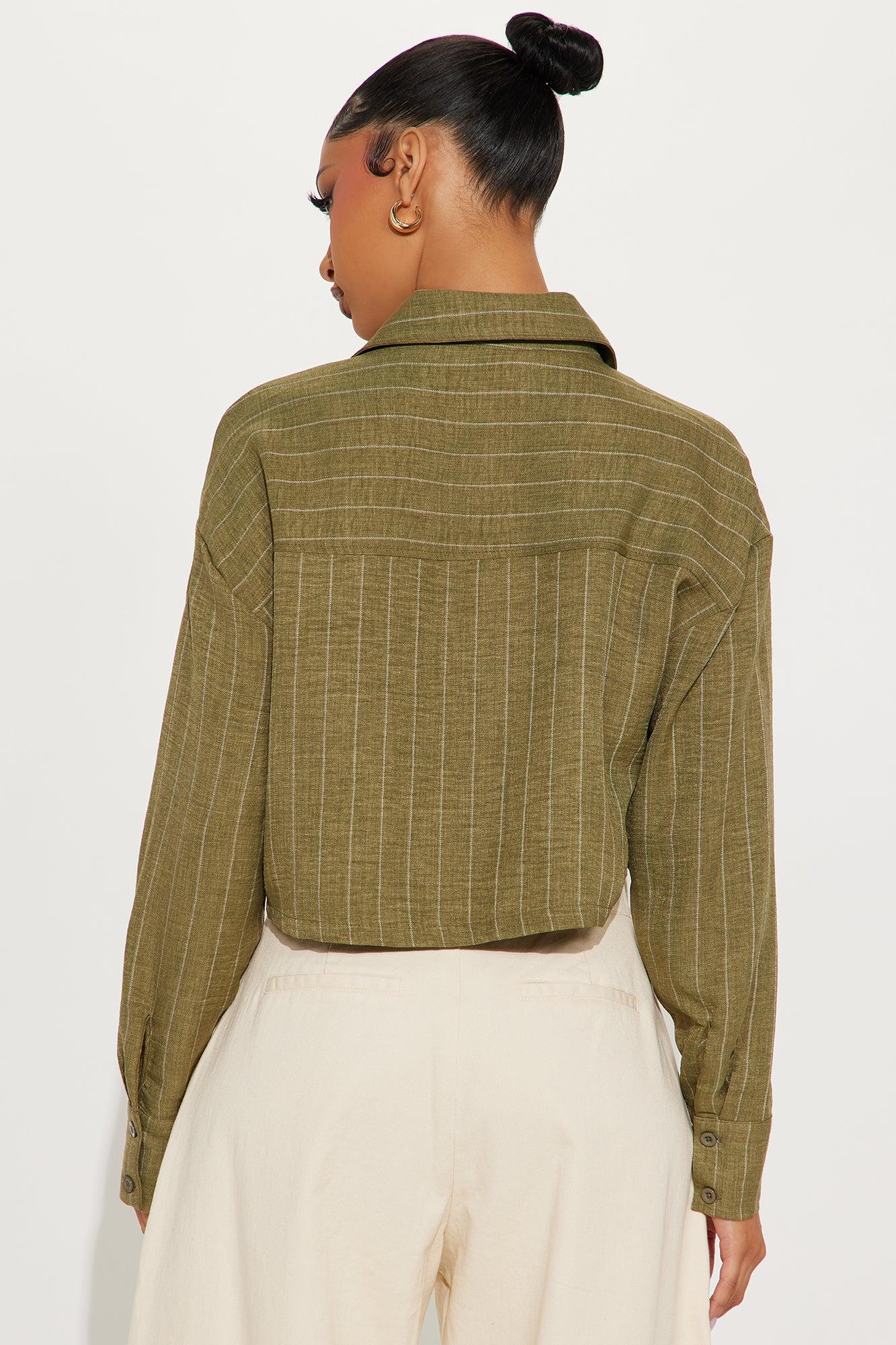 Marie Cropped Pinstripe Shirt - Olive Female Product Image