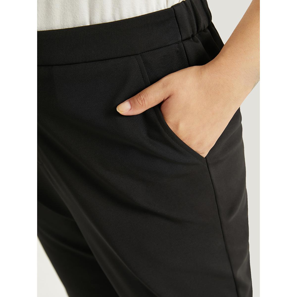 Plus Size Plain Button Detail Elastic Waist Mesh Patchwork Pants Women Black Elegant Bootcut High Rise Dailywear Pants BloomChic 12/L Product Image