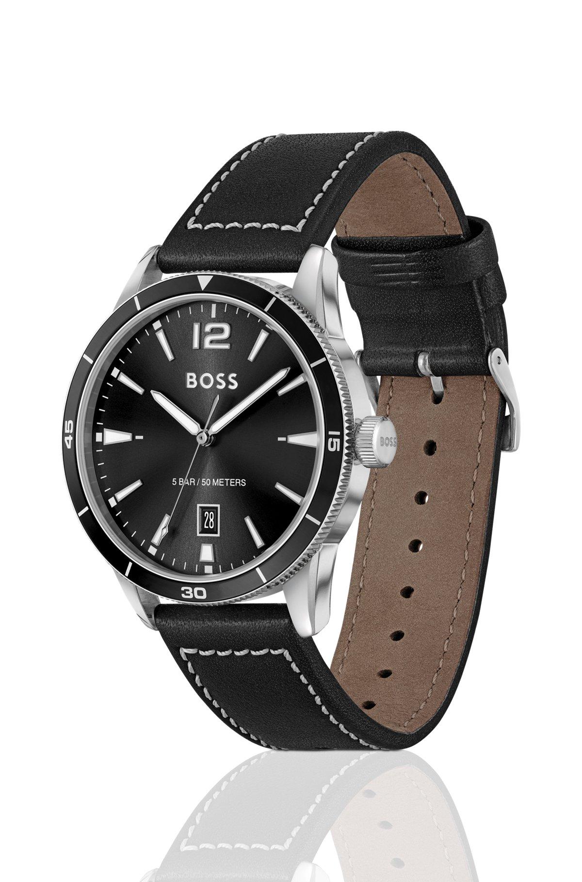 Leather-strap watch with black dial Product Image