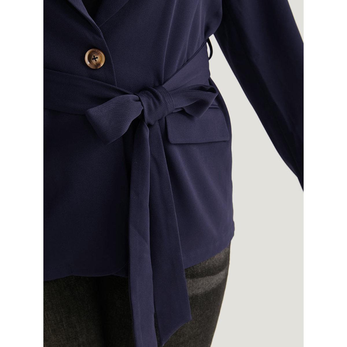 Plus Size Button Through Belted Blazer Indigo Women Dailywear Plain Plain Sleeve Long Sleeve Suit Collar 10/M Pocket Belt Elegant Blazers BloomChic Product Image