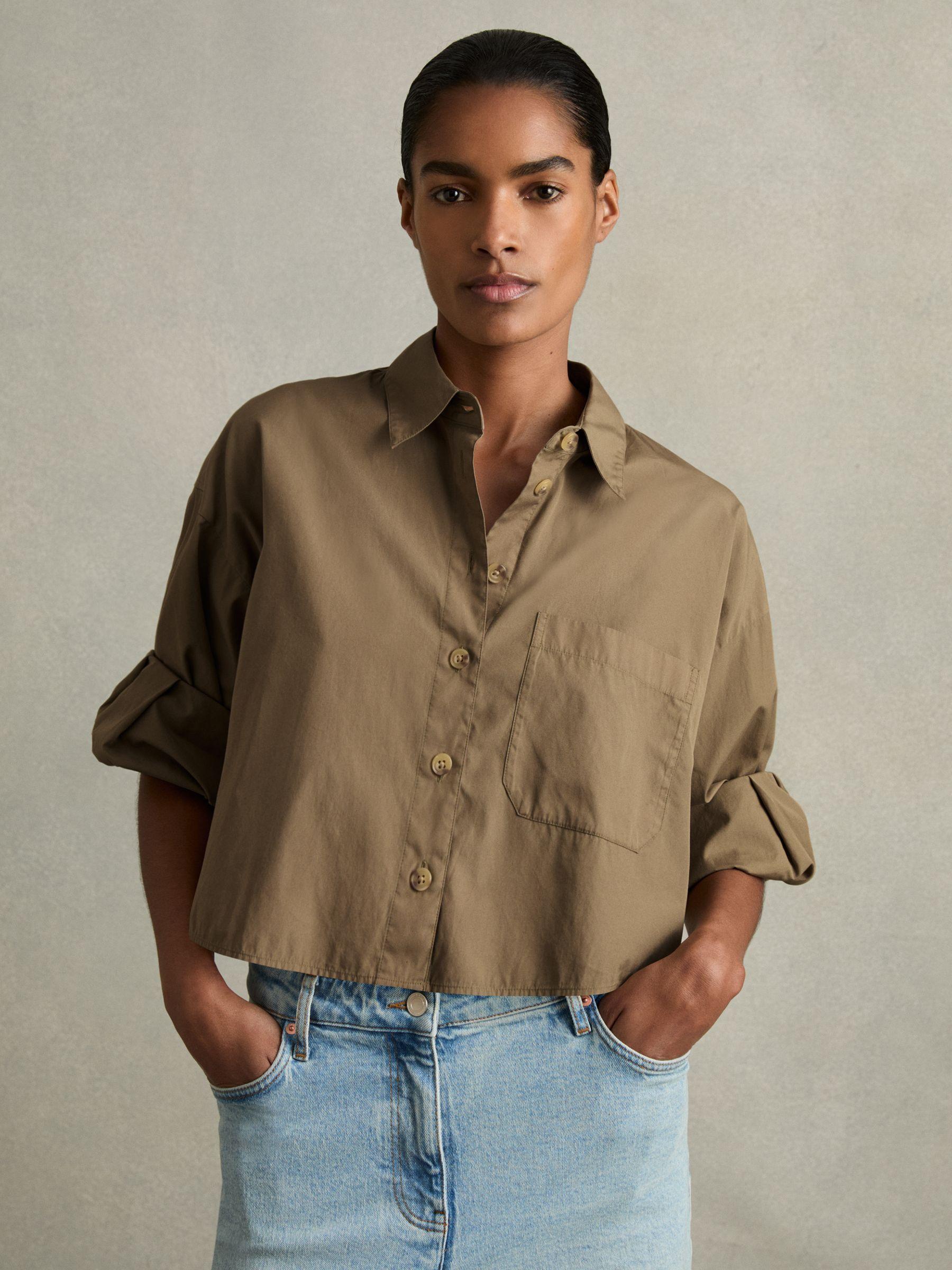 Cropped Cotton Shirt in Khaki Product Image