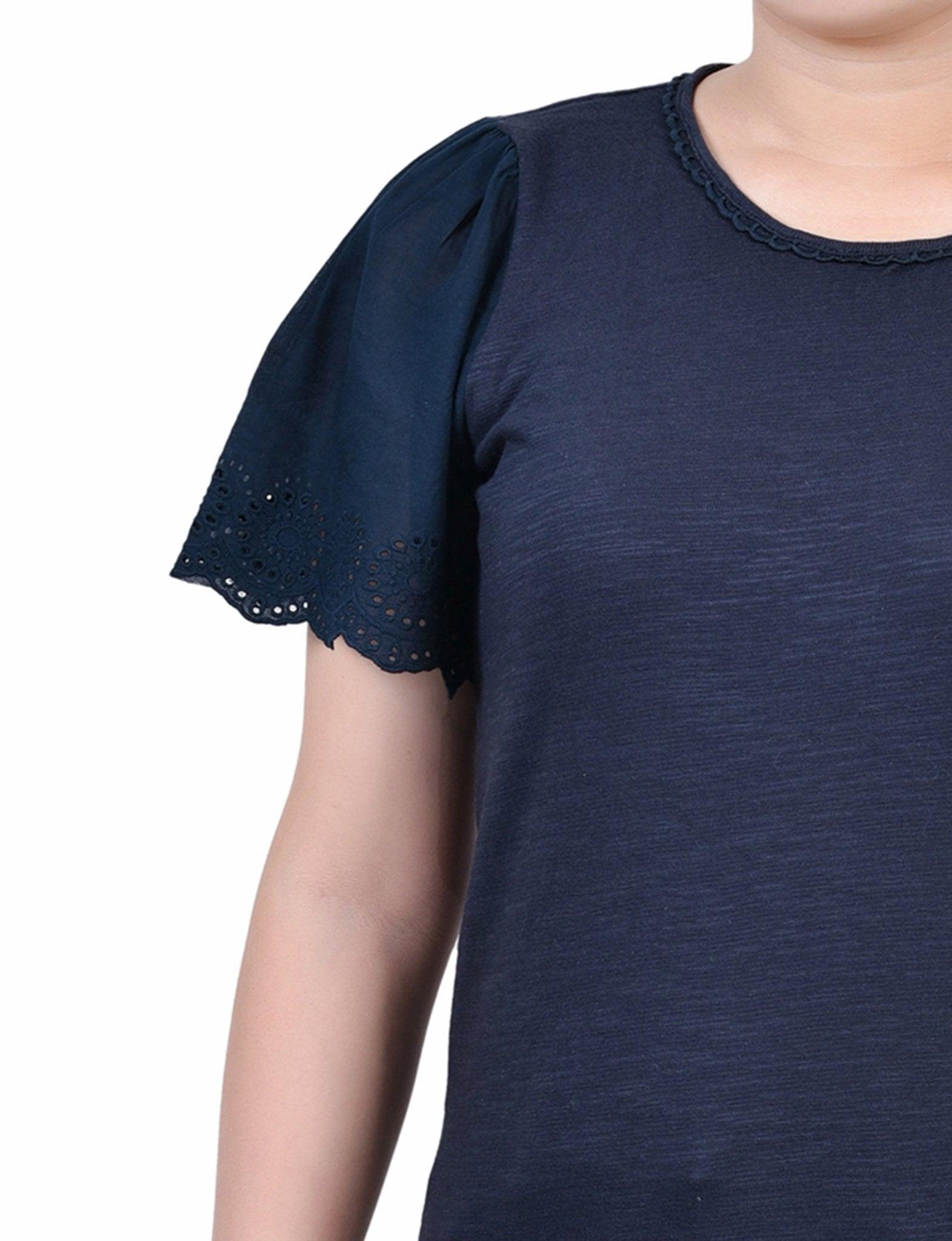 Midnight Navy Short Flutter Eyelet Sleeve Pullover Product Image