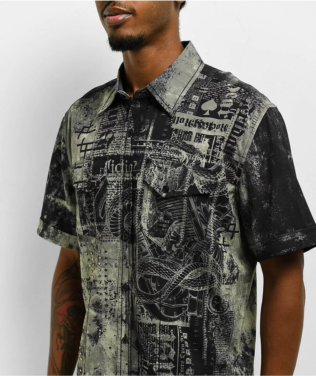 Affliction Motorway Chaos Charcoal Wash Short Sleeve Button Up Shirt Product Image