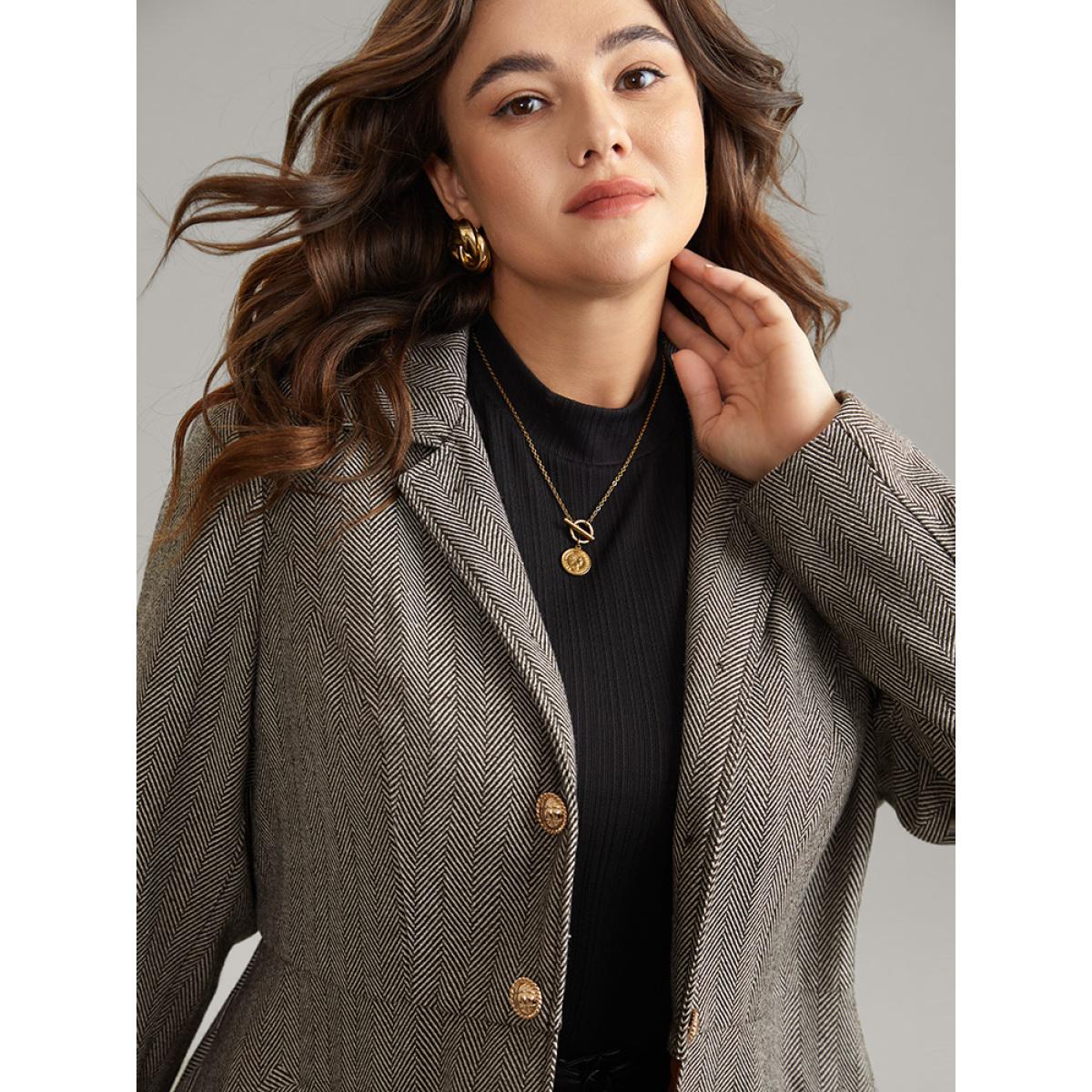 Plus Size Lapel Collar Buckle Detail Woven Jacket Women DarkBrown Lined Pocket Work Jackets BloomChic 28/5X Product Image