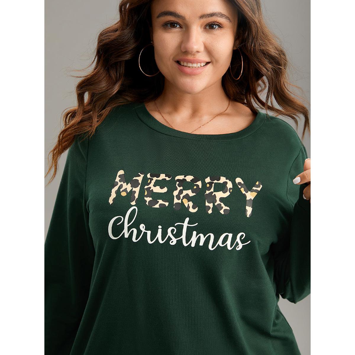 Plus Size Christmas Letter Leopard Round Neck Sweatshirt Women DarkGreen Casual Printed Festival-Christmas Sweatshirts BloomChic 14-16/1X Product Image