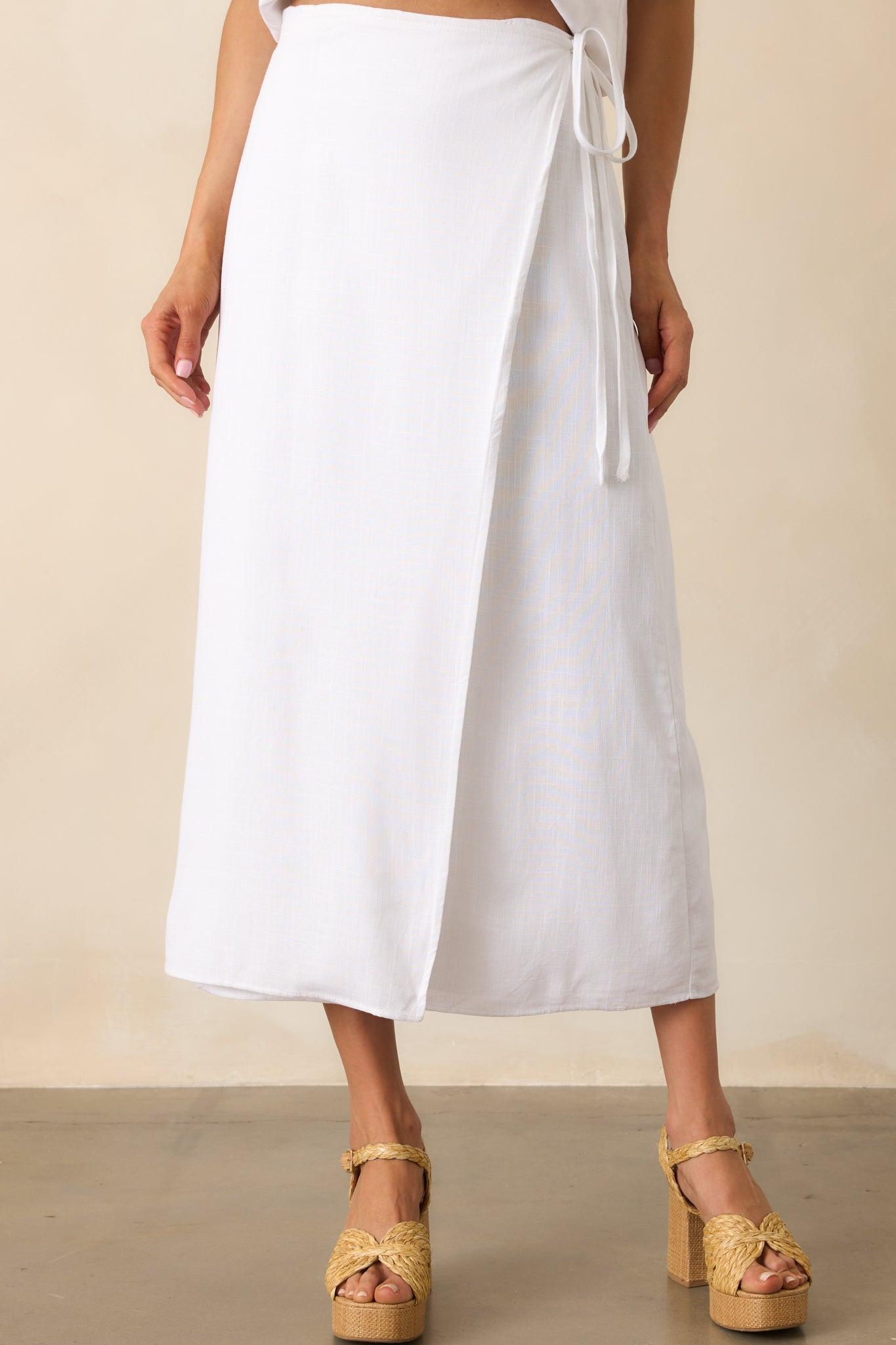 That Peaceful Feeling White Linen Blend Wrap Midi Skirt Product Image