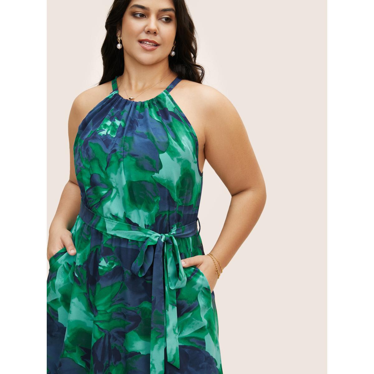 Plus Size Halter Watercolor Floral Belted Dress Emerald Women Elegant Gathered Halter neck Sleeveless Curvy BloomChic 28/5X Product Image
