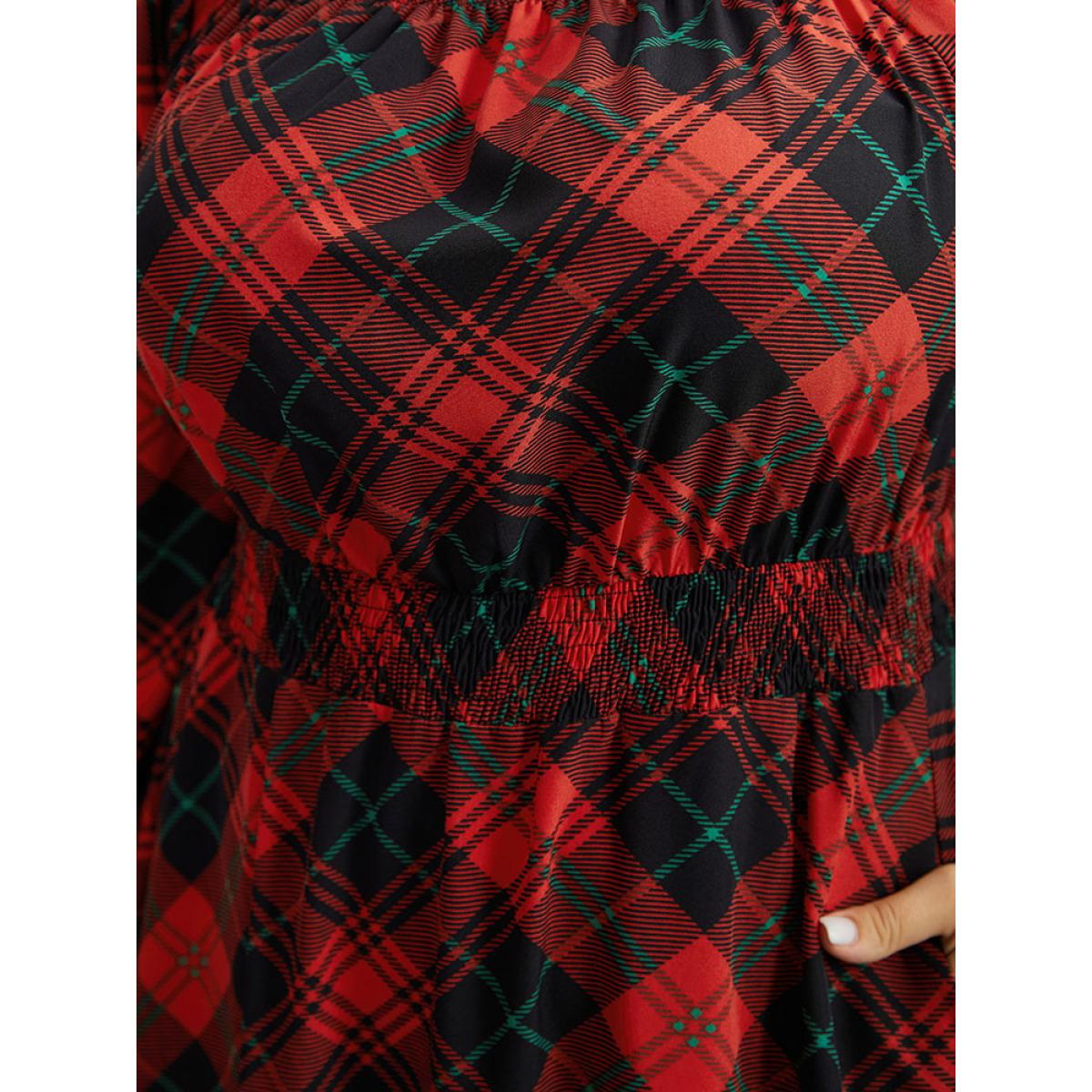 Plus Size Plaid Shirred Frill Trim Pocket Square Neck Dress Scarlet Women Elegant Elastic cuffs Square Neck Long Sleeve Curvy Midi Dress BloomChic 30/6X Product Image