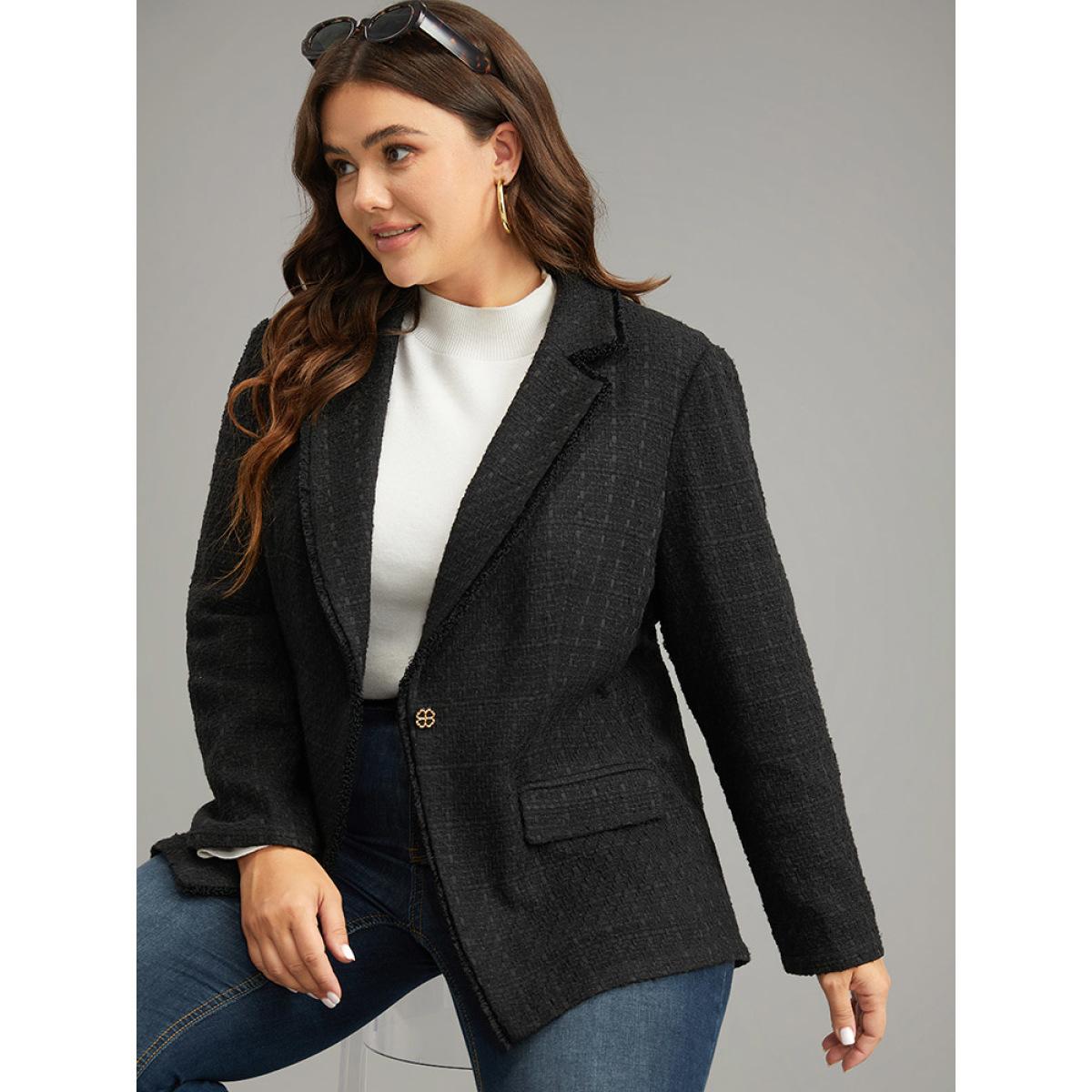 Plus Size Plain Tweed Plisse Pocket Button Through Blazer Black Women Dailywear Plain Texture Sleeve Long Sleeve Suit Collar 12/L Pocket Elegant Blazers BloomChic Product Image