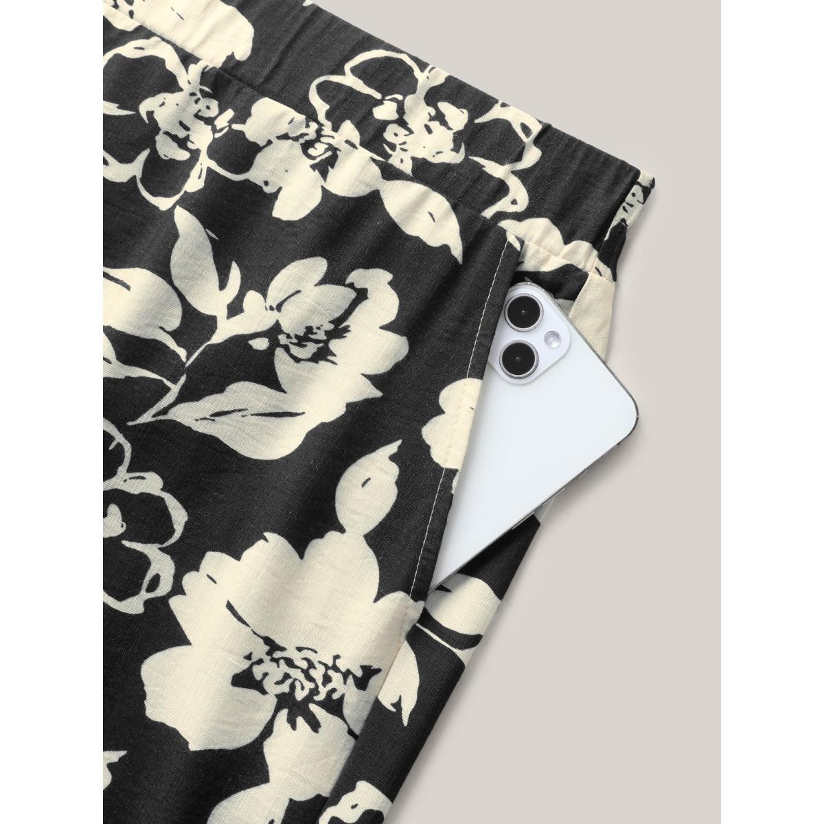 Plus Size Floral Print Pull-On Wide-Leg Pants Women BlackFlower Elegant Wide Leg Mid Rise Elegant Pants BloomChic 28/5X Product Image