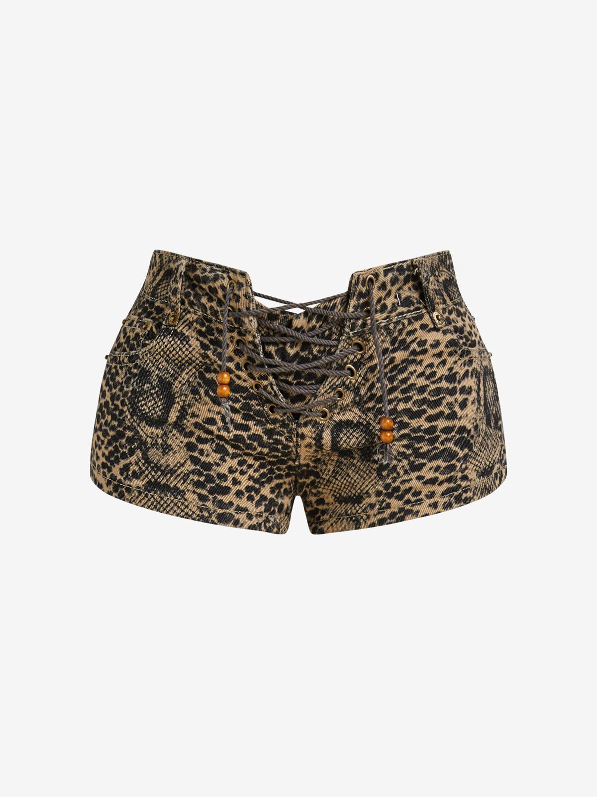 Washed Leopard Print Straps Denim Shorts Product Image