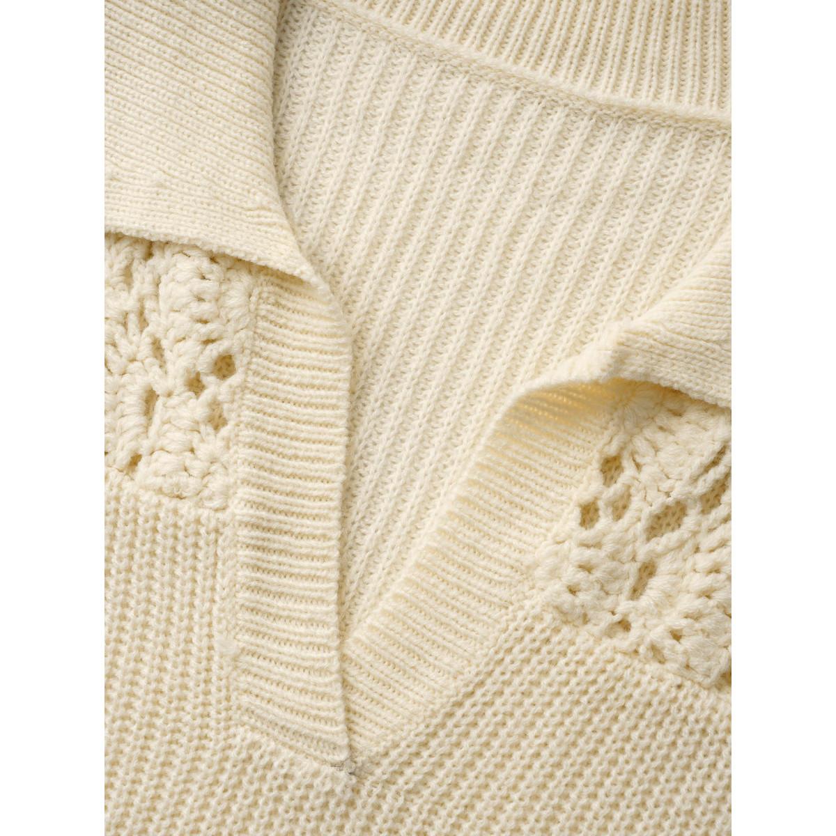 Plus Size Hand Crocheted Polo Collared Pullover Beige Women Leisure Long Sleeve Polo Casual Pullovers BloomChic 28/5X Product Image