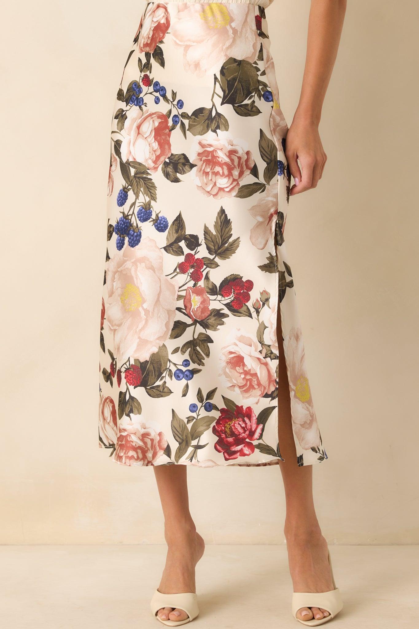 Feeling Pretty Sure Ivory Multi Floral Print Satin Midi Skirt Product Image