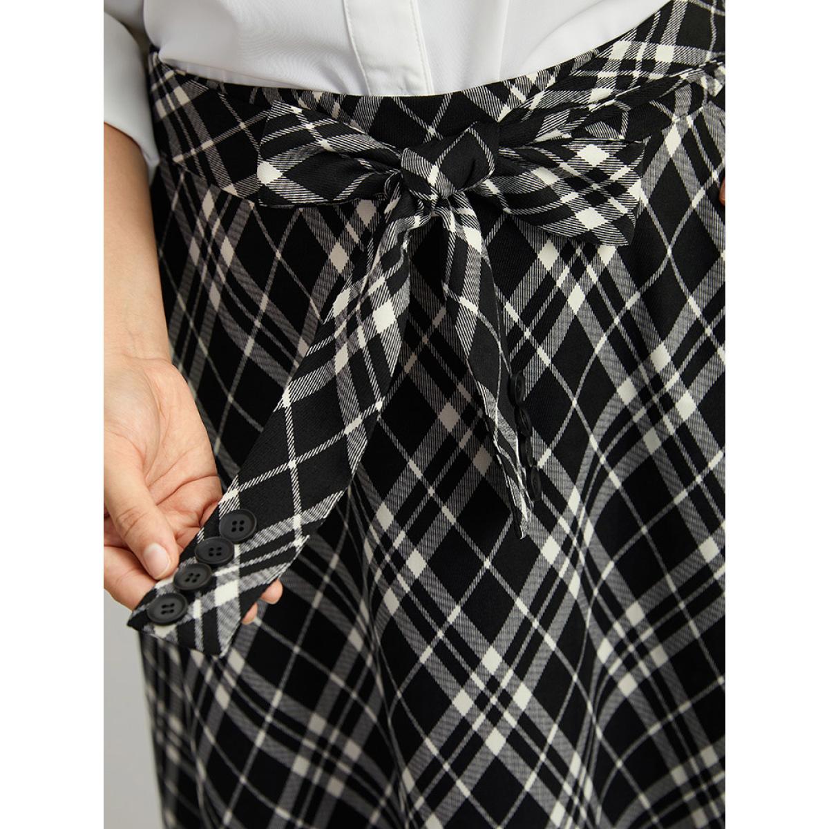 Plus Size Plaid Elastic Waist Knot Ties Skirt Women Black Office Cross straps No stretch Pocket Work Skirts BloomChic 30/6X Product Image
